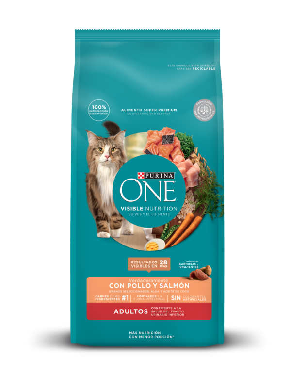 Comida para gatos adultos Purina One con pollo y salmón.