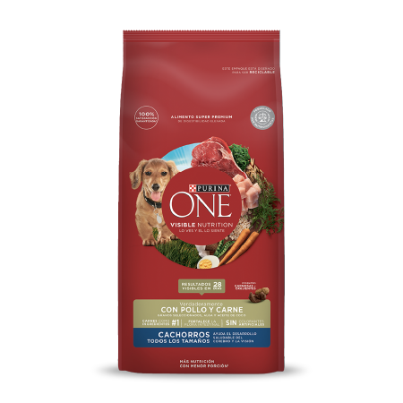 Alimento seco para perros cachorros de Purina One con pollo y verduras. 