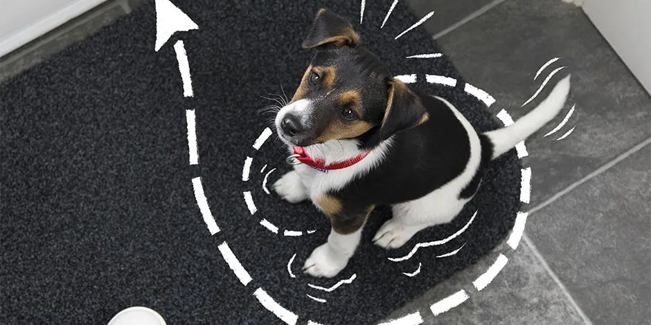 Cachorro viendo a su tutor. Para educar a un perro para ir al baño debés entender sus señales.