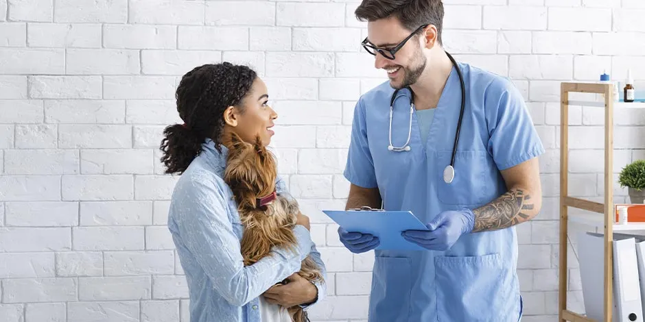 Veterinario hablando con tutora de Yorkie. Una consulta puede prevenir el estreñimiento en perros.